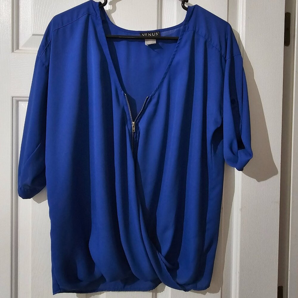 Royal Blue Short Sleeve Blouse – Soft Silky Feel, Scoop Neck, Zip Front